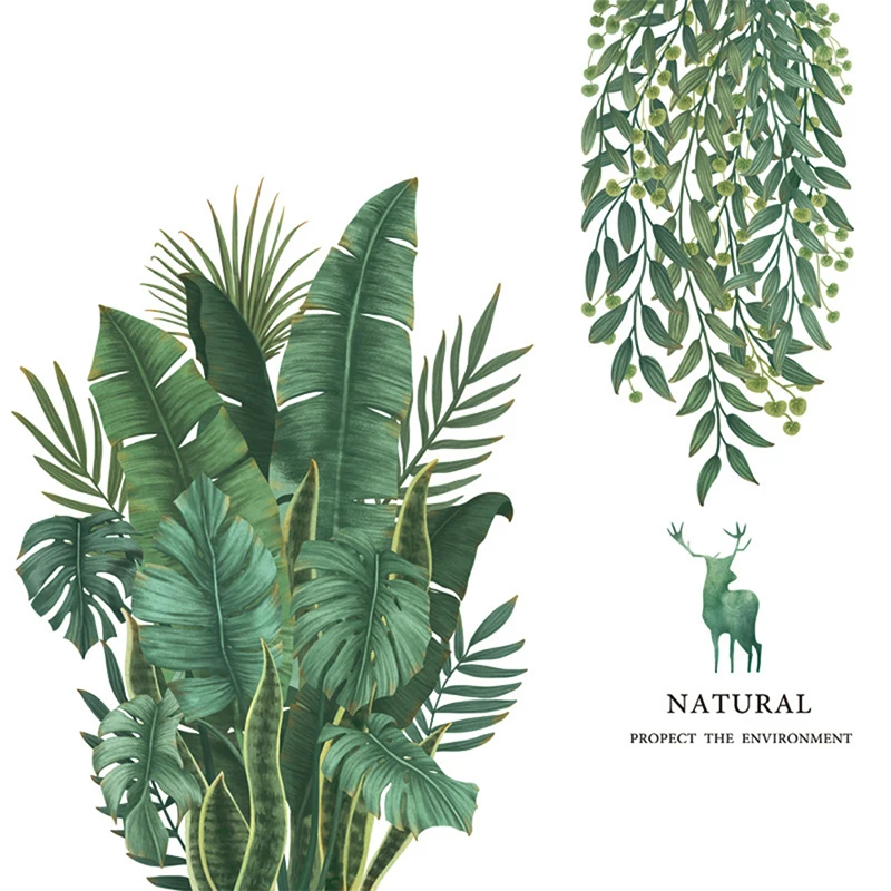 【New】Green Leaves Wall Stickers For Home Living Room Decorative Vinyl Wall Decal Tropical Plants DIY Kid Door Murals Wallpaper
