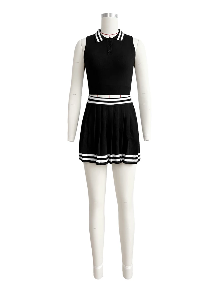 Varsity Skirt Set for Women 2024 Summer Girls High School Tennis Knit Striped Crop Top and Pleat Mini Skirt Two Piece Sets