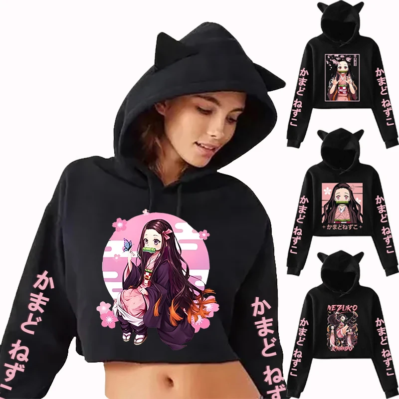 New Fashion Women Girl Y2k Hoodie Kamado Nezuko Long Sleeve Cat Ear Streetwear Harajuku Sweatshirt Anime Short Pullover Tops