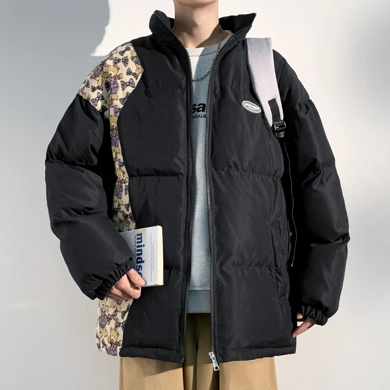 

Thiened American Retro Bear Patchwork Cotton Jaet Men's Winter New Sle Large Size Stand Collar Trendy Cotton Coat