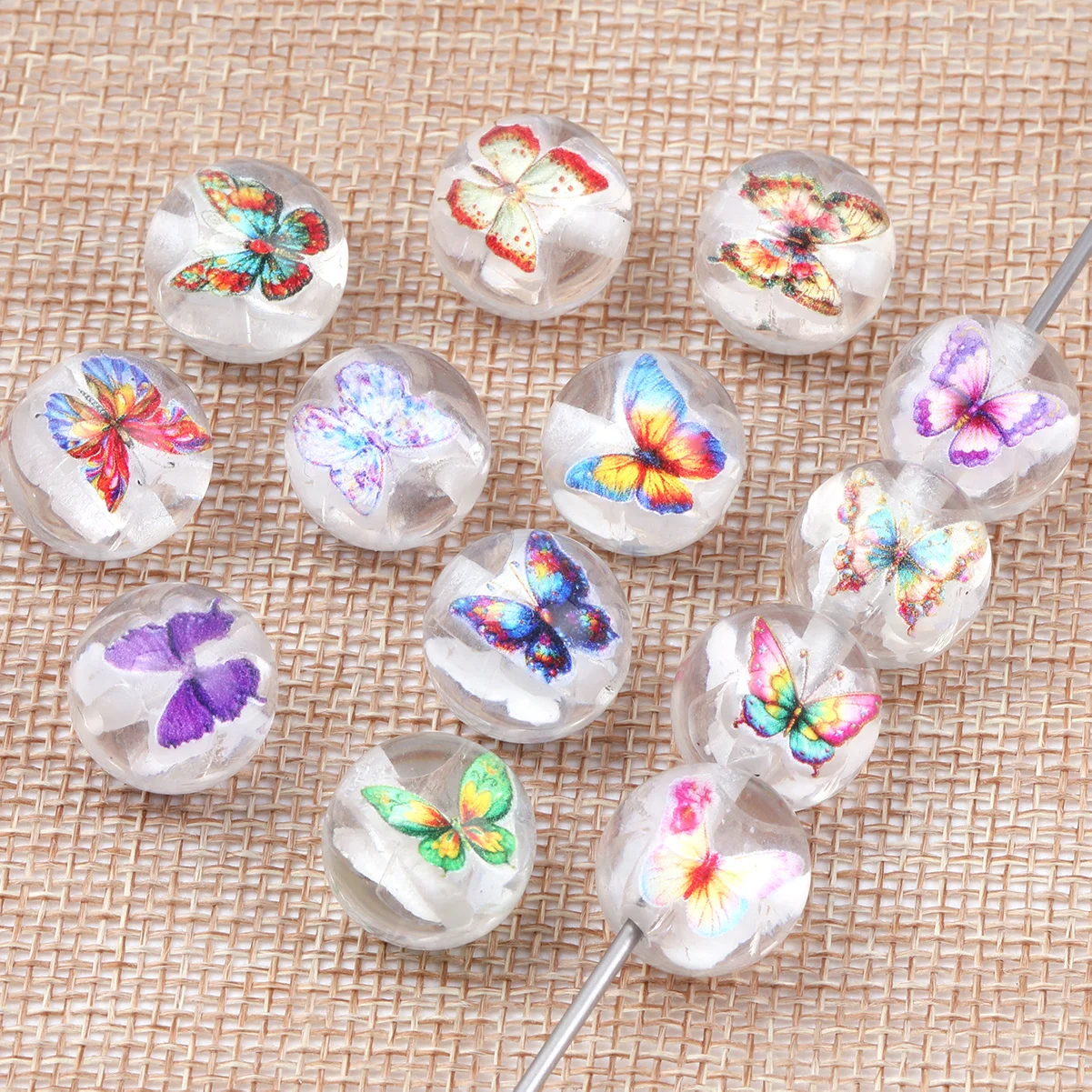 6/18pcs Random Color Acrylic Round Beads 16mm Inner Butterfly Pattern Loose Beads For DIY Necklace Earring Jewelry Making