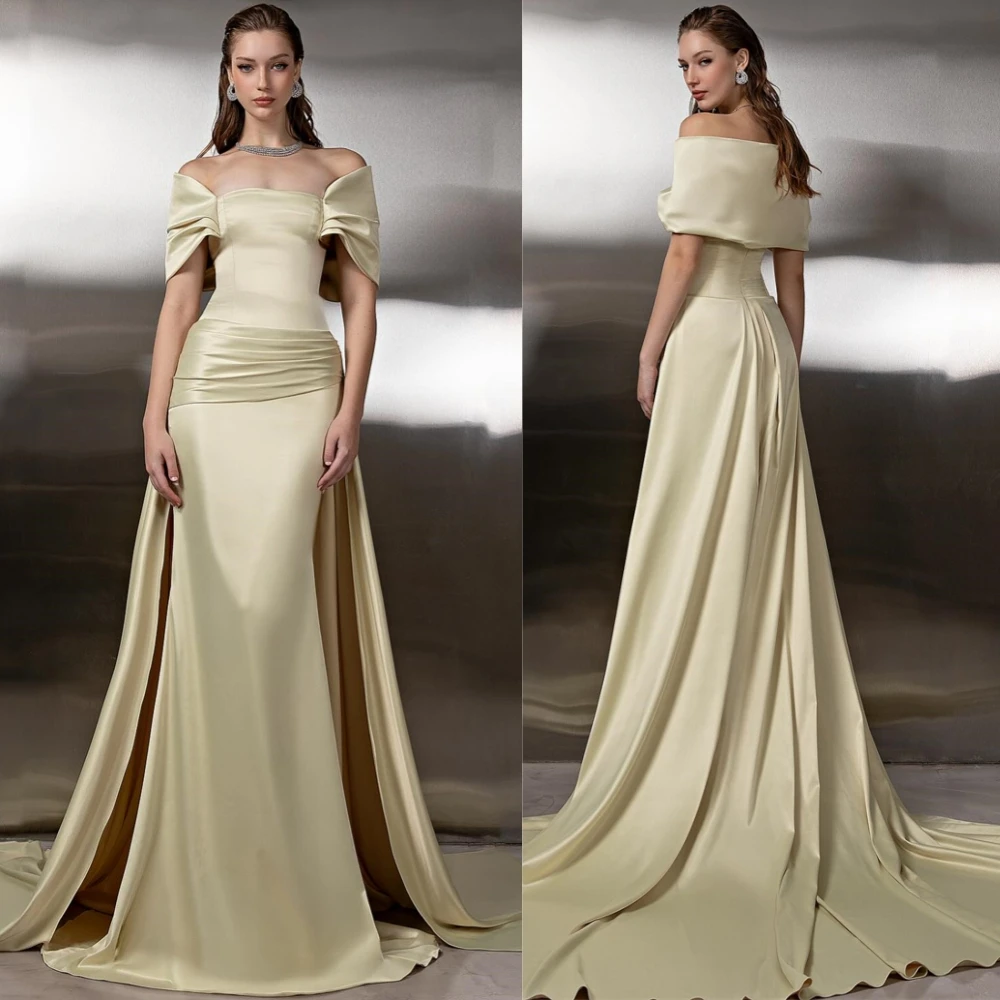 Personalizado delicado cetim vestido de noite elegante barco pescoço mangas curtas vestido de baile requintado tribunal trem vestidos de ocasião especial