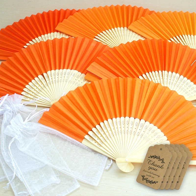 3/15/30Pcs Orange Paper Fan & Bag Set – Includes White Organza Drawstring Pouch & Kraft Tag, Party Favor, Wedding Giveaway TMZ