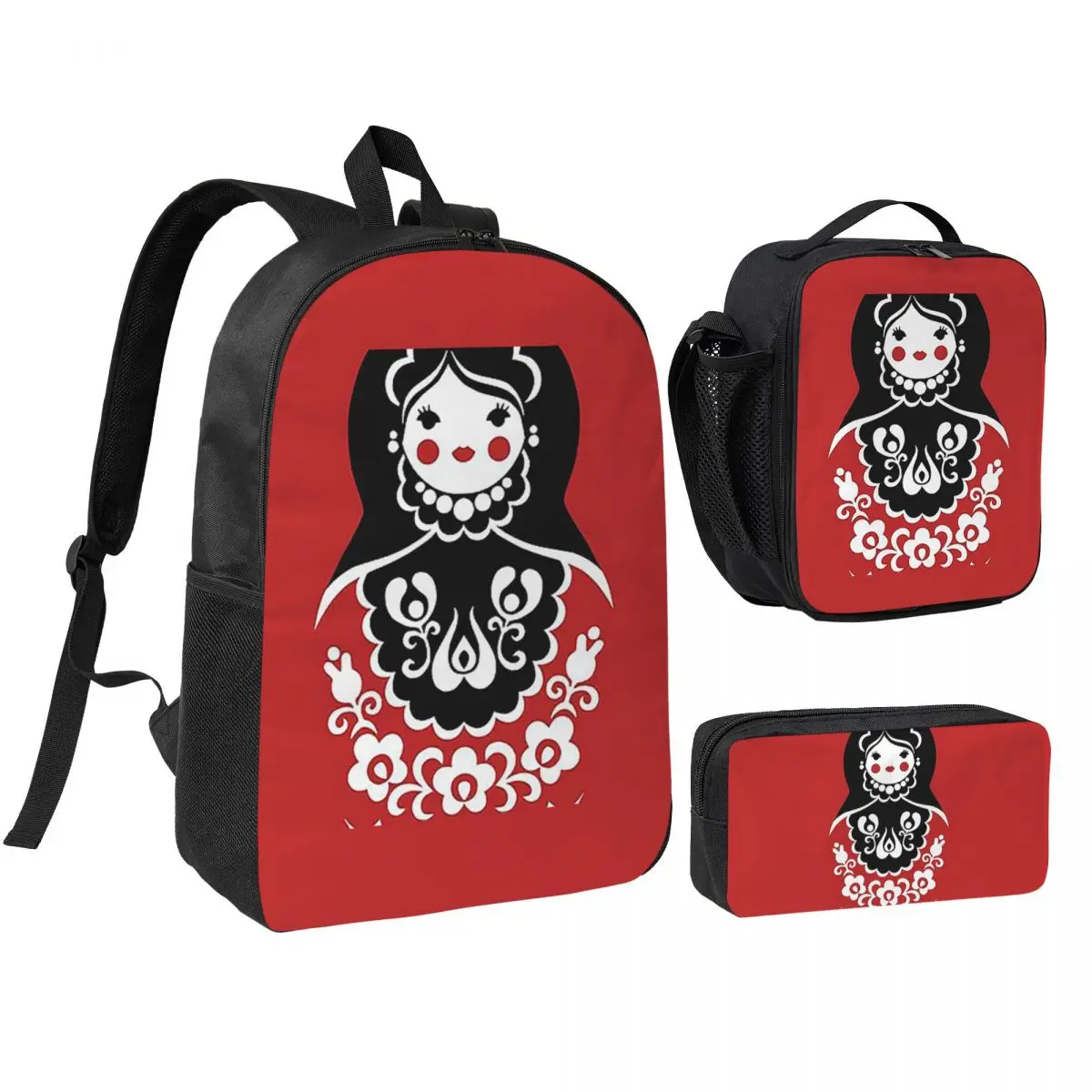 

Matryoshka Backpack Boys Girls BookBag School Bag Shoulder Bags 3ps Insulated Lunch Bag Pencil Case