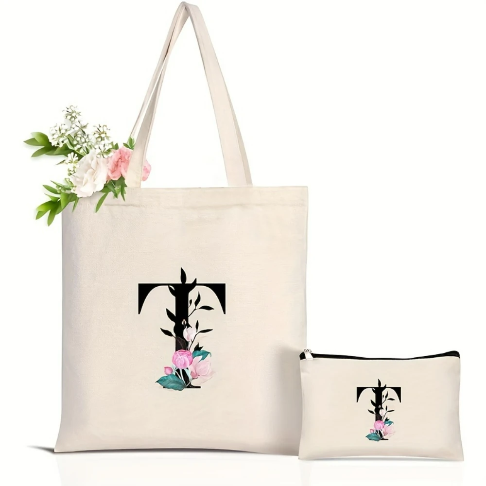 Elegant Floral Alphabet Tote Bag Reusable Eco Friendly Shopping Bag for Women Spacious Commuter Purse Daily Use  Handbags Gift