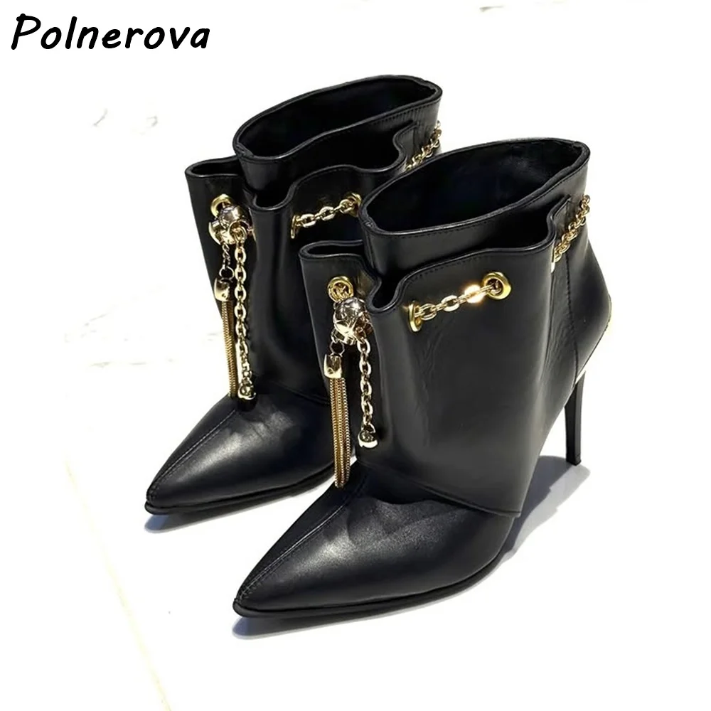 

Золотые ботильоны с цепочкой, черные кожаные женские туфли на шпильке с острым носком, сексуальные вечерние туфли, зимние элегантные короткие ботинки