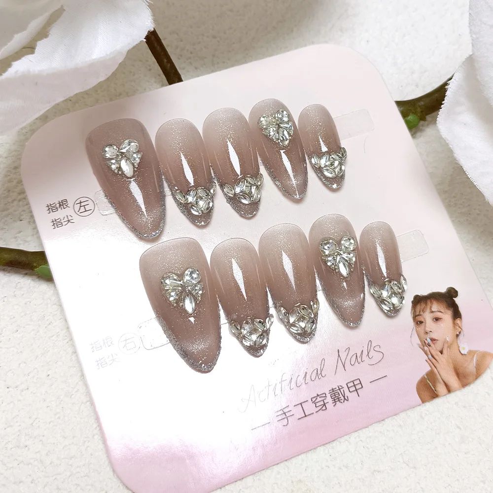 10 قطعة عين القط اضغط على الأظافر الفرنسية الأظافر كاذبة يمكن ارتداؤها اليدوية مسمار وهمية مع الماس أظافر صناعية أنيقة غطاء كامل مسمار