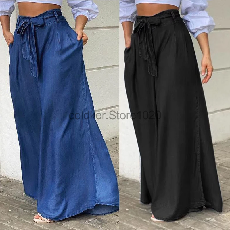 

Новые женские элегантные широкие брюки, однотонные летние повседневные длинные джинсы с высокой талией большого размера, женские брюки на каждый день