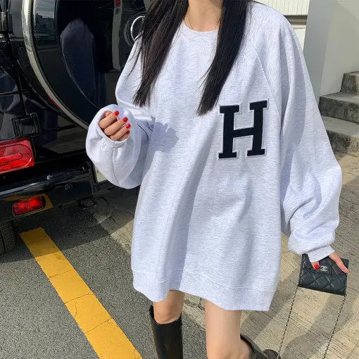 

Женская толстовка средней длины свободного кроя с вышитыми буквами, придающая молодежный вид, из хлопка, с длинными рукавами, в повседневном стиле, Dongda Gate Sle