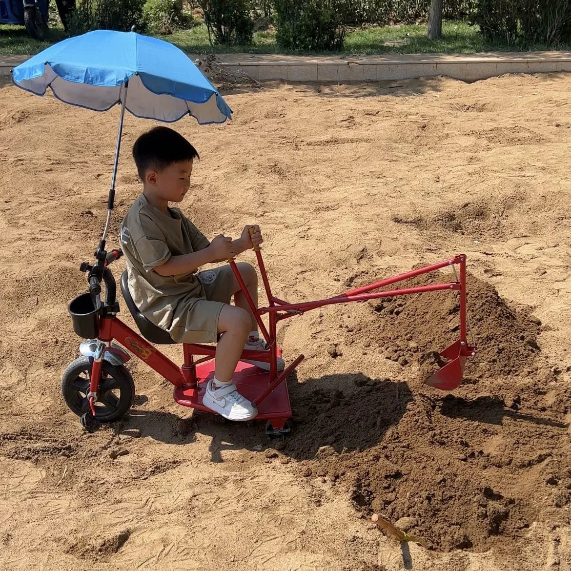 Kids Ride‑on Excavator Tricycle With Sun Umbrella, Manual Sand Digger Digging Car, Inflatable Wheel Outdoor Play Toy For Kids