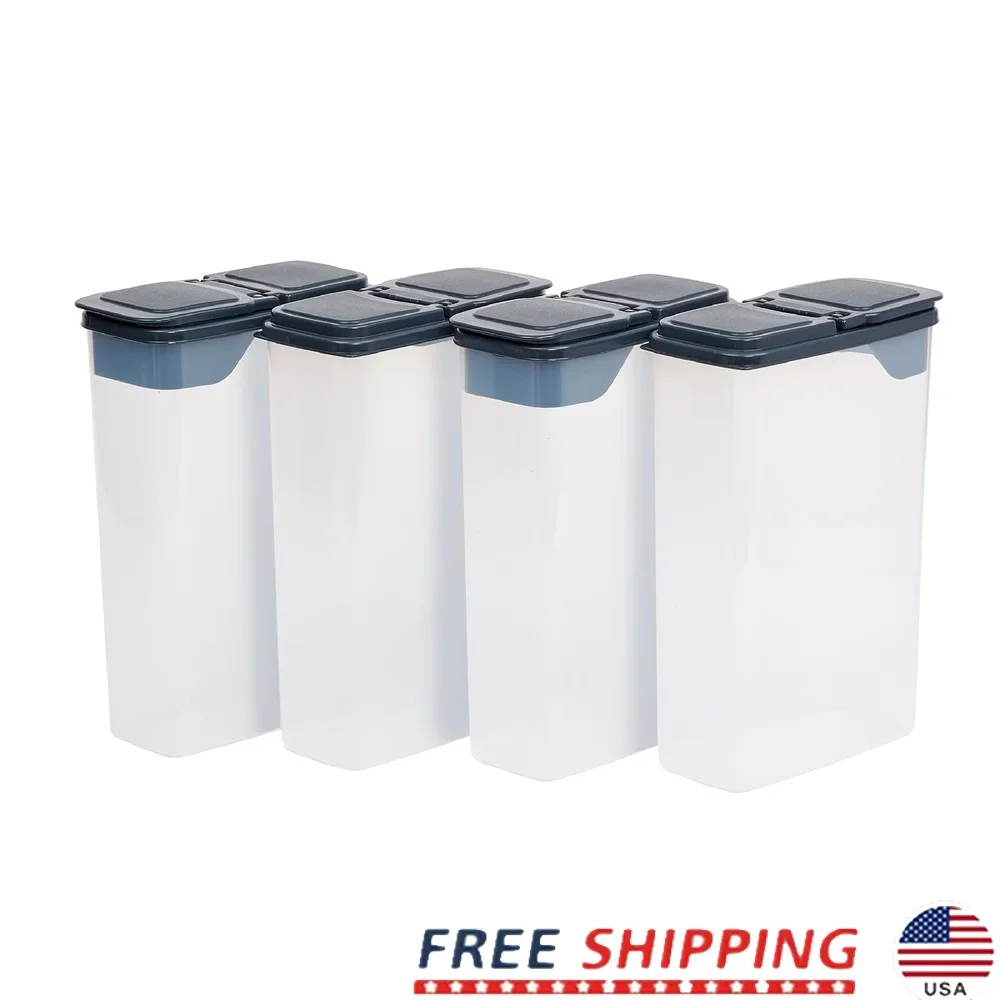 

Multi Use Plastic Dispensers Set of 4 Clear Storage Containers Dark Gray Lids Stackable Kitchen Organizer Versatile 7.75x4x11.4