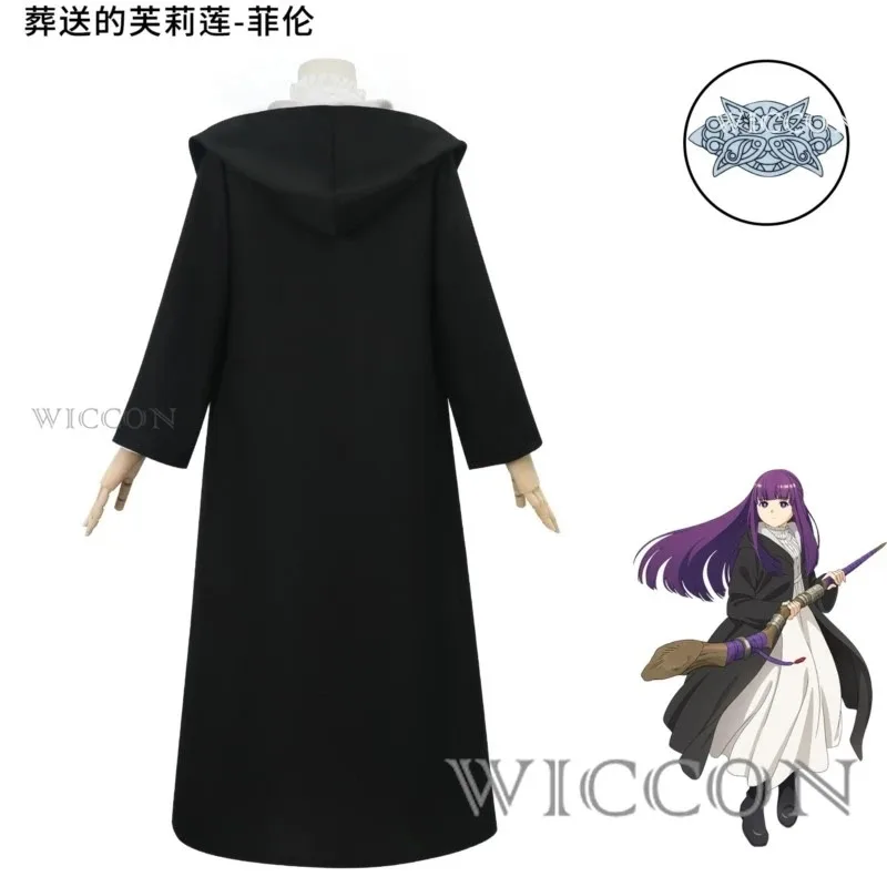 2025 yiyi anime frieren: além do fim da jornada samambaia cosplay traje branco vestido longo e robe preto peruca roxa headwear dia das bruxas