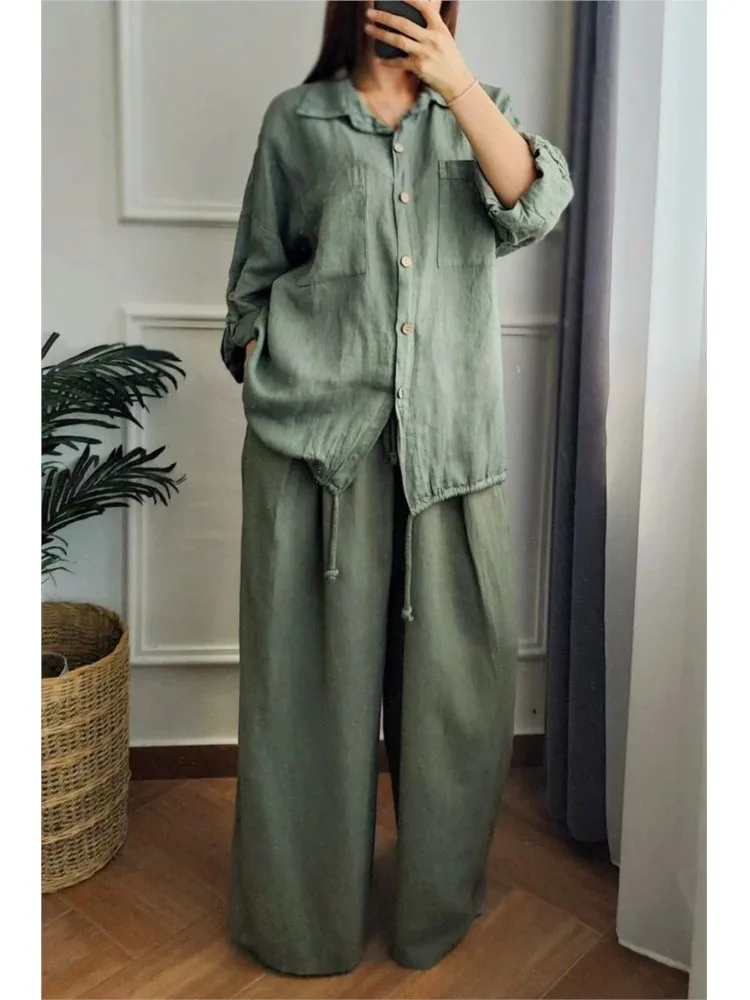 Autumn Fashion Cotton Hemp Two Piece Sets Women Lapel Neck Long Sleeve Drawstring Shirt Wide Leg Long Pants Casual Two Piece Set