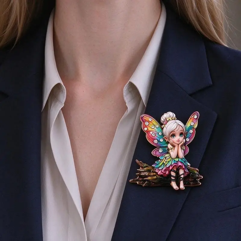 Cute Cartoon Flower Fairy Brooch With Shiny Rhinestone Rainbow Wings Perfect Gift For Girls Women Daily Wear