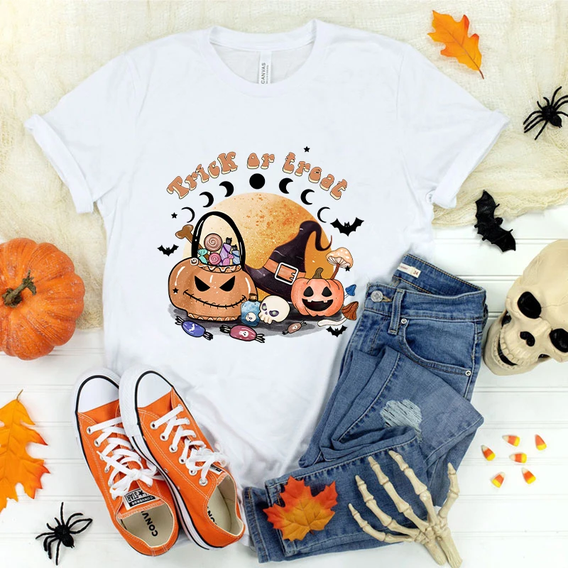 (Premium T-shirt)New Hot Halloween Trick Or Treat Print T-Shirts Women Summer Casual T-Shirts O Neck Short-Sleeved T-Shirts tops