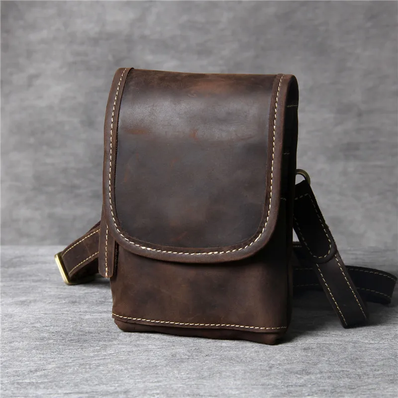 Bolso de mensajero de cuero genuino de Caballo Loco simple para hombres, bolso de hombro pequeño, bolso de cinturón de teléfono, cuero genuino,