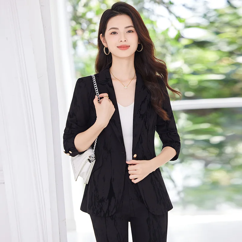 Autumn new printed design jacket casual blazer-style suit women's two-piece trousers set wholesale