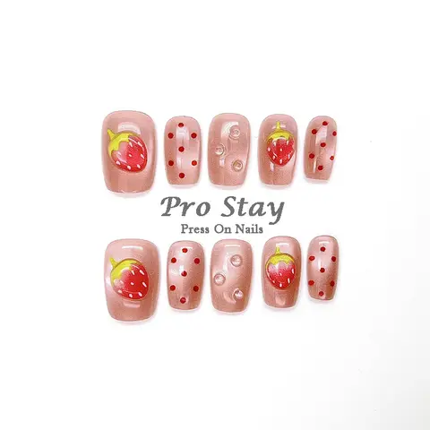 10 st handgjorda press-on naglar lyxiga 3D rosa körsbärs- och hjärta-lösnaglar med diamanter återanvändbara franska söta stil heltäckande tips 10 best sales designer press-on naglar - №10