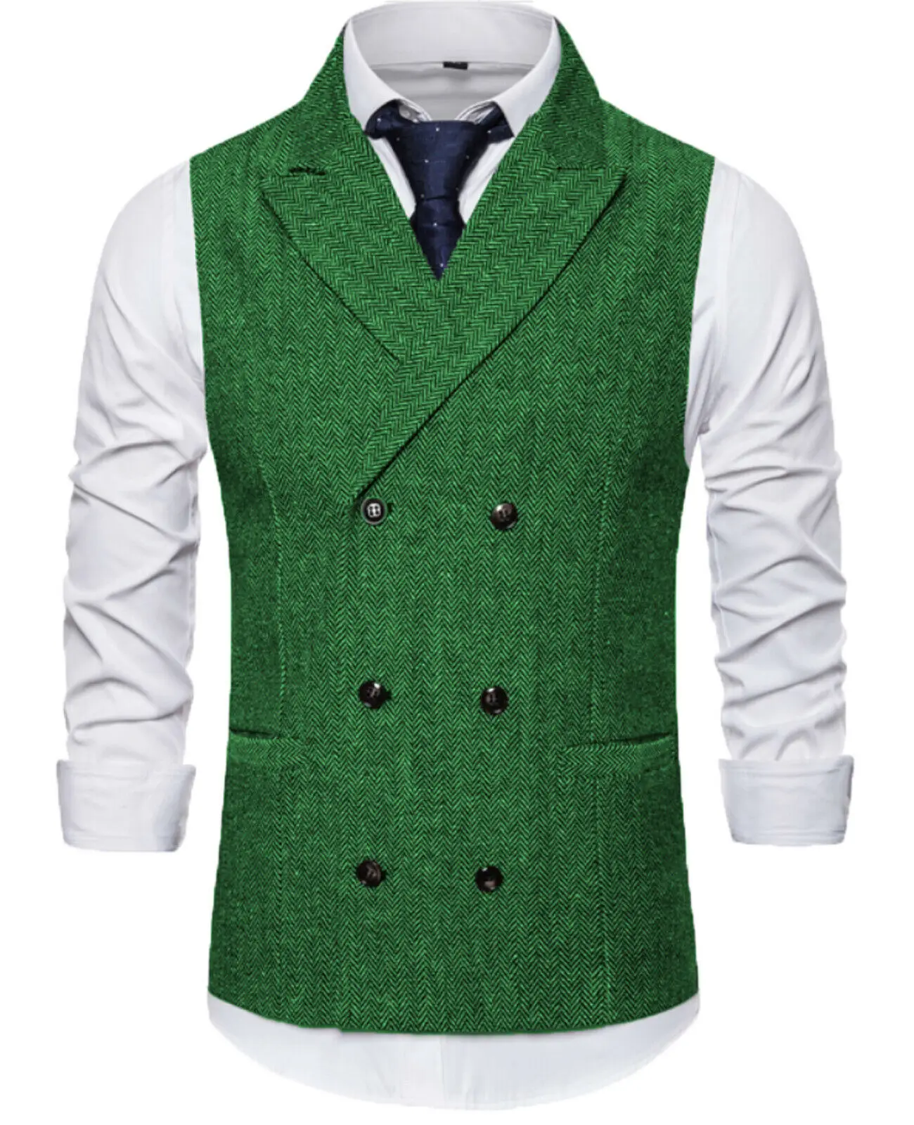 2023 Mannen Vest Bourgondië Visgraat Tweed Tailored Kraag Double-Breasted Vesten Koffie Business Vest Voor Mannen Kleding