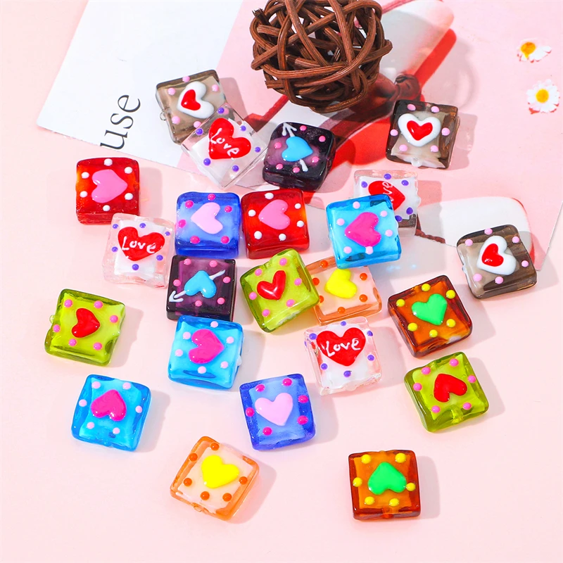 1pcs 15mm Hand Drawn Square Glass Beads With Dotted Heart Patterns For DIY Bracelets necklaces And Jewelry Making Accessories