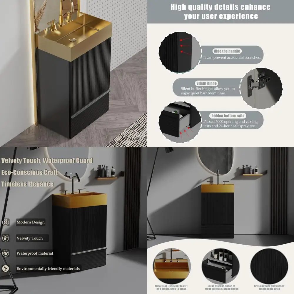 

20 Black Striped Vanity with Brushed Gold Sink and Hidden Handles for Small Bathrooms