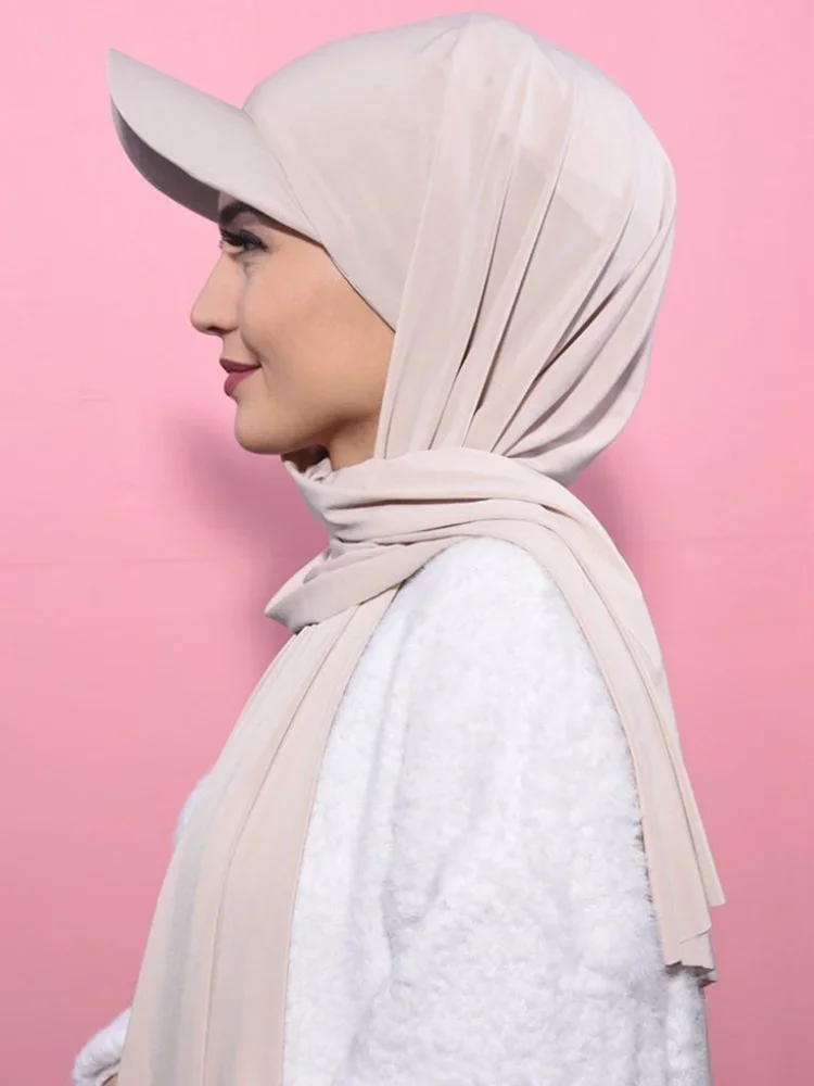 Musilm Women Chiffon Hijab with Base Ball Cap Summer Woman Hat with Chiffon HIjabs Ready To Wear Turban Instant HIjabs Ramadan