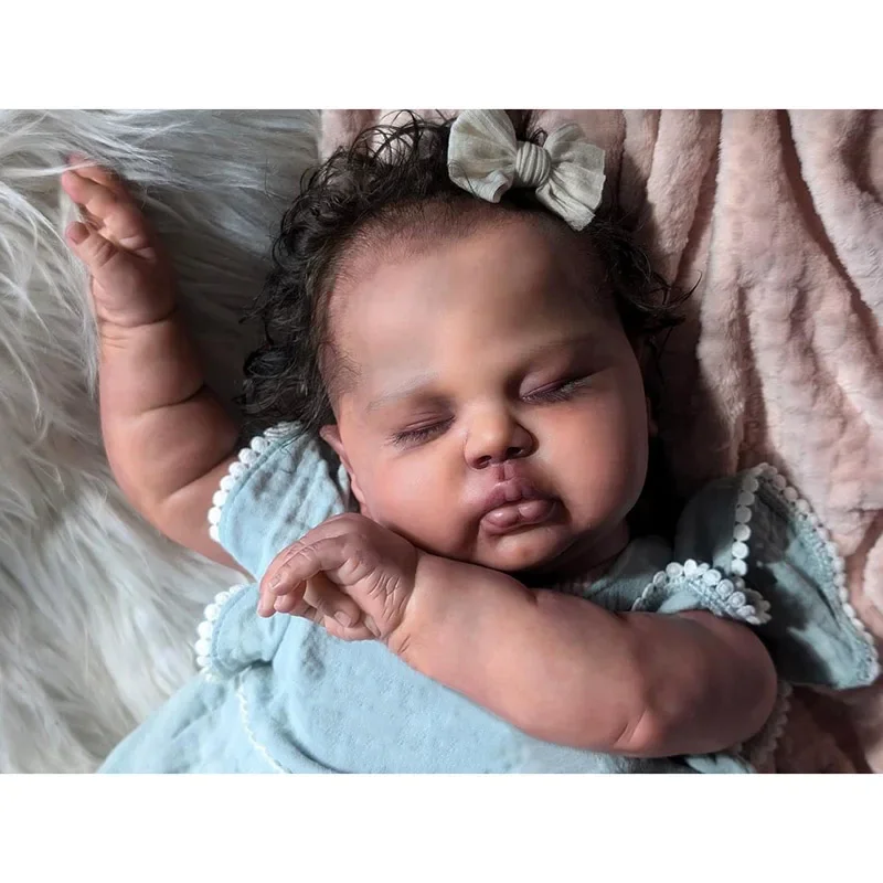 60CM Dark Skin Sleeping Pickle in Soft Cloth Body Lifelike Reborn Toddler Hand Rooted Hair Cuddly Baby Girl Doll Baby