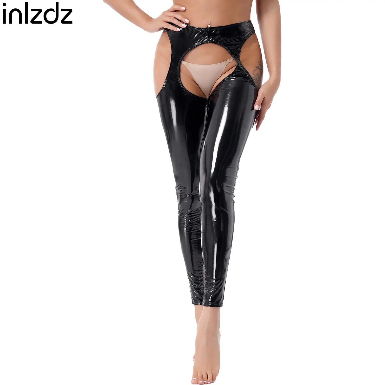 

Sexy Pants Women Wet Look High Waist Cutout Leggings Crotchless Open Butt Patent Leather Skinny Pants Valentine's Day Clubwear