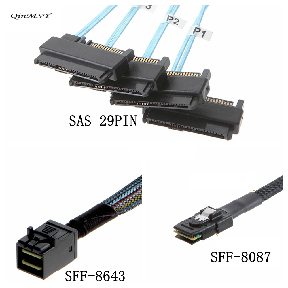 Mini-SAS to SAS-Cable,SFF-8643 to SAS SFF-8643&8087 to SFF-8482 Connector 4X SAS 29Pin SFF-8482 with SATA Power Adapter Cable