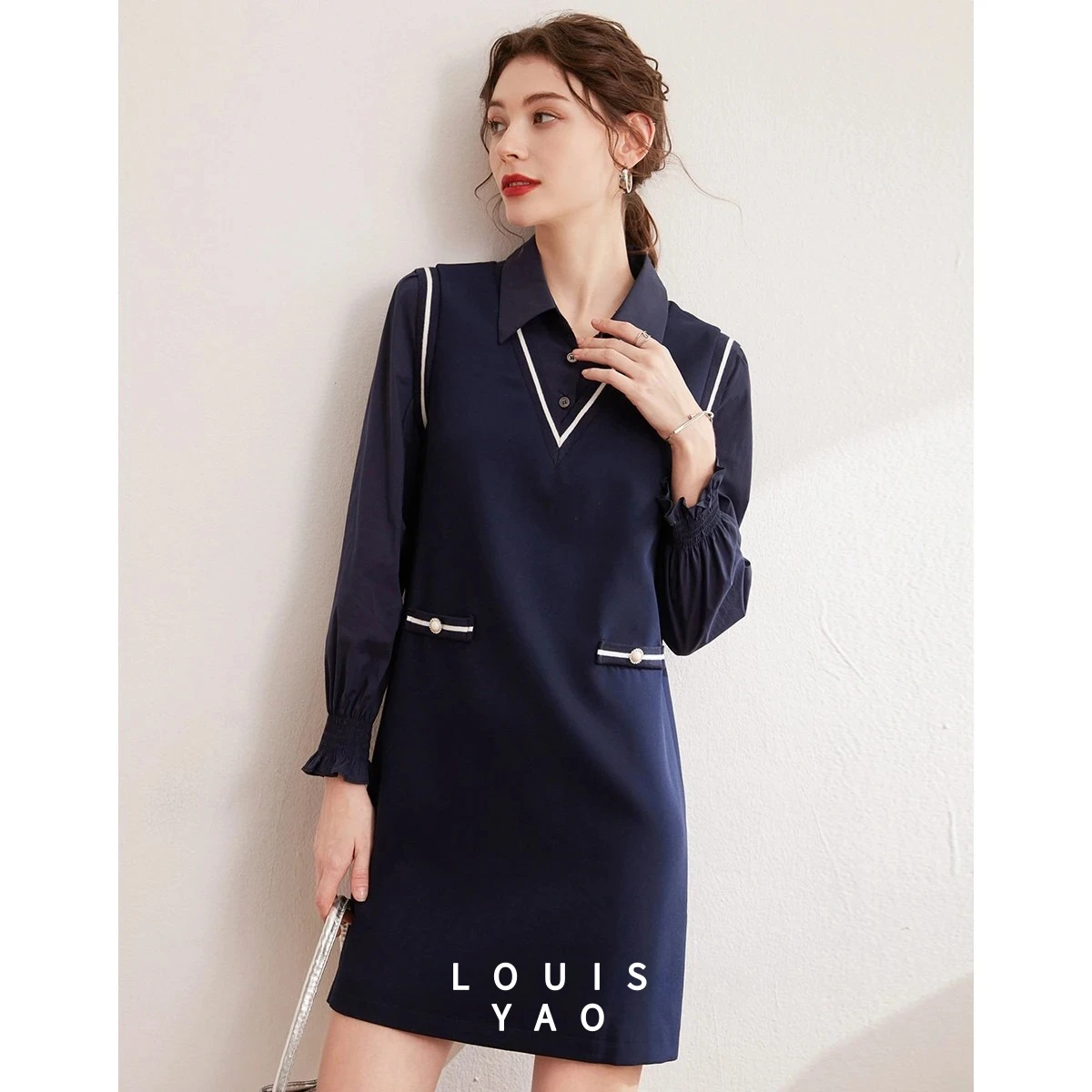 LOUISYAO collège Style faux deux pièces femmes robe 2025 printemps automne déplacements col rabat contrasté côté robe nouveau
