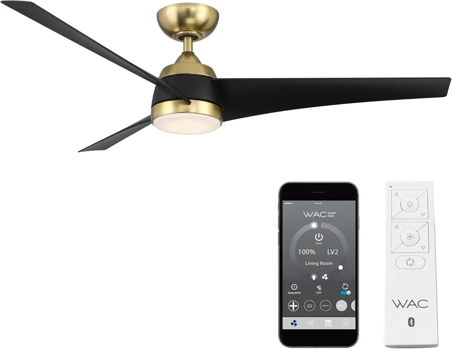 56 Inch Outdoor Ceiling Fan with Light and Remote Brass Black AC DC