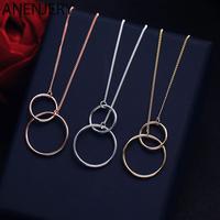 ANENJERY Silver Color Double Round Circle Clavicle Necklace Rose Gold Chain Jewelry Forever Women Necklace Gift S-N333