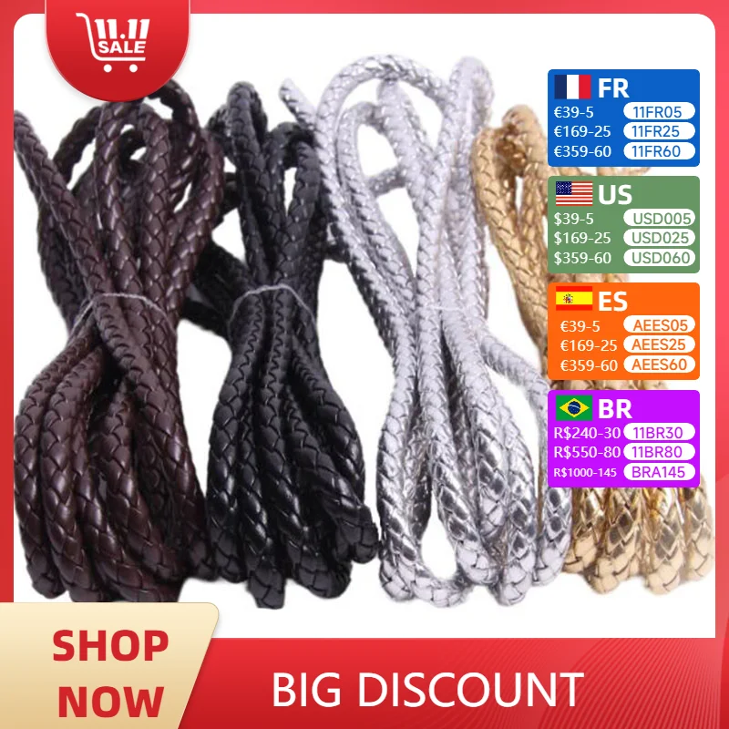 2-5meter Brown Braided Round PU Leather Cord Rope 3 4 5 6 8 10 12 mm Round Leather Cord String Rope DIY Necklace Bracelet Making