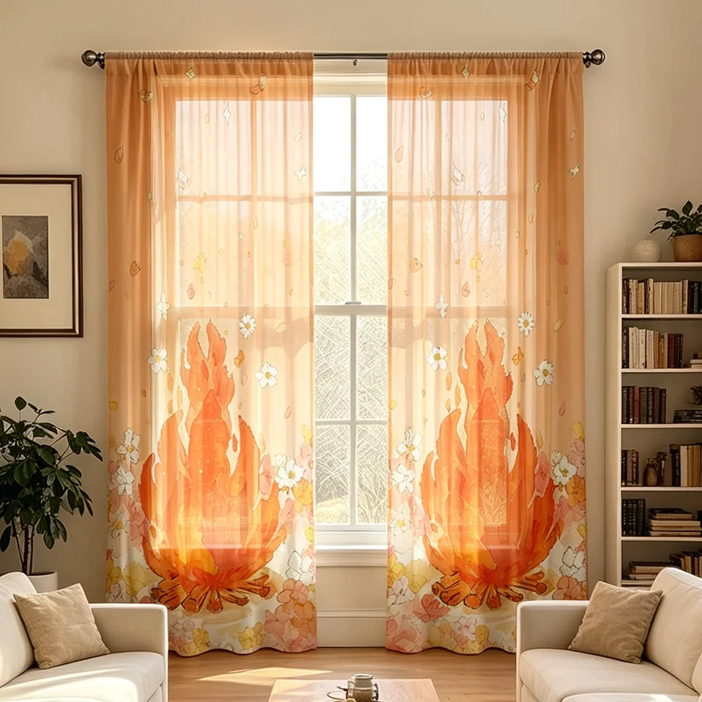 2PCS Digital Print Sheer Curtains Warm Tone Maple Leaf Daisy Floral Print Autumn Style A&B Sheer Window Curtains