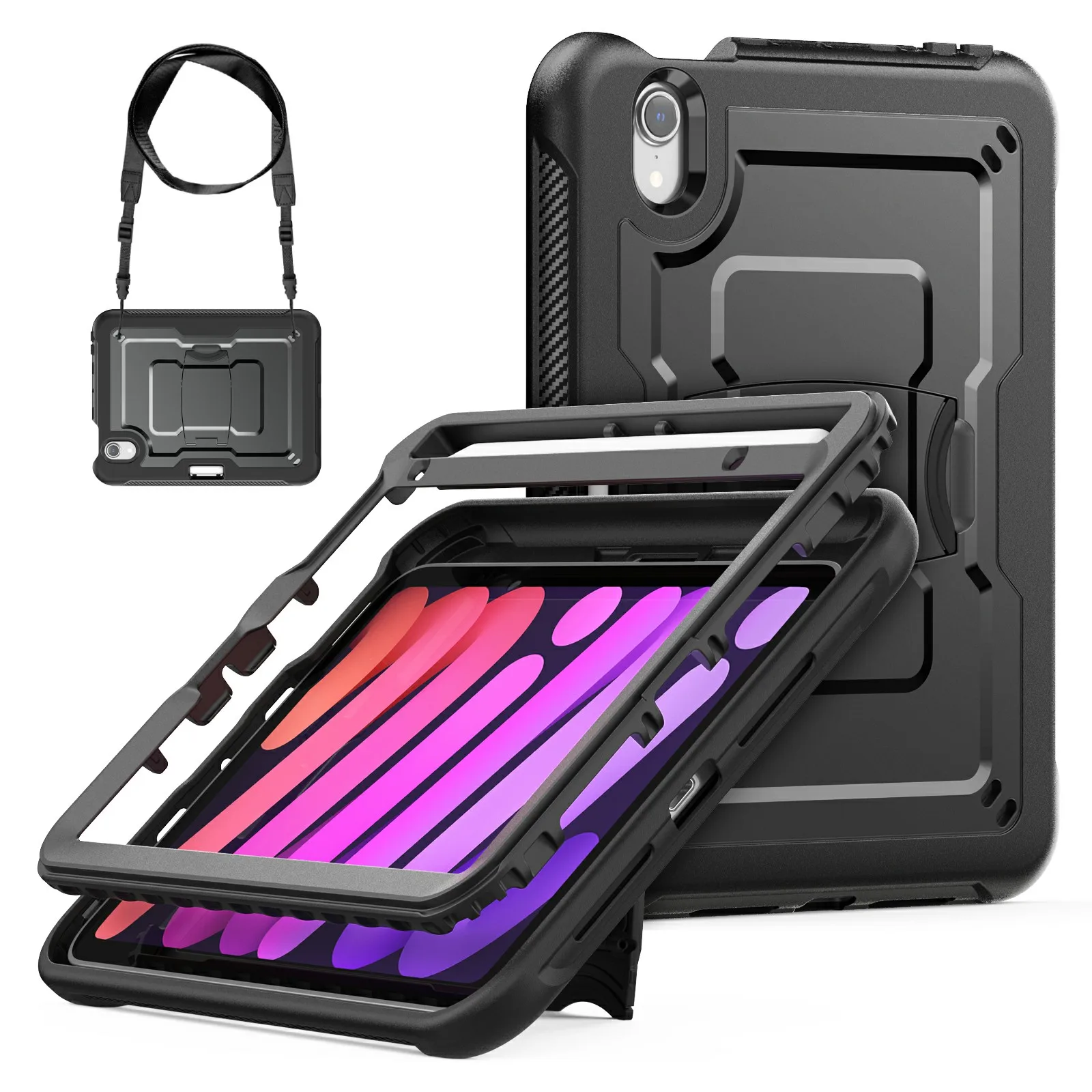 

For iPad mini (2024) / (2021) Case Hidden Zinc Alloy Kickstand PC + TPE Tablet Cover with Shoulder Strap - Black