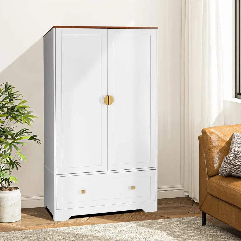 Wardrobe Closet, White Armoire Wardrobe with Hanging Rod, Shelves and Drawer, Freestanding Closet Wardrobe Cabinet