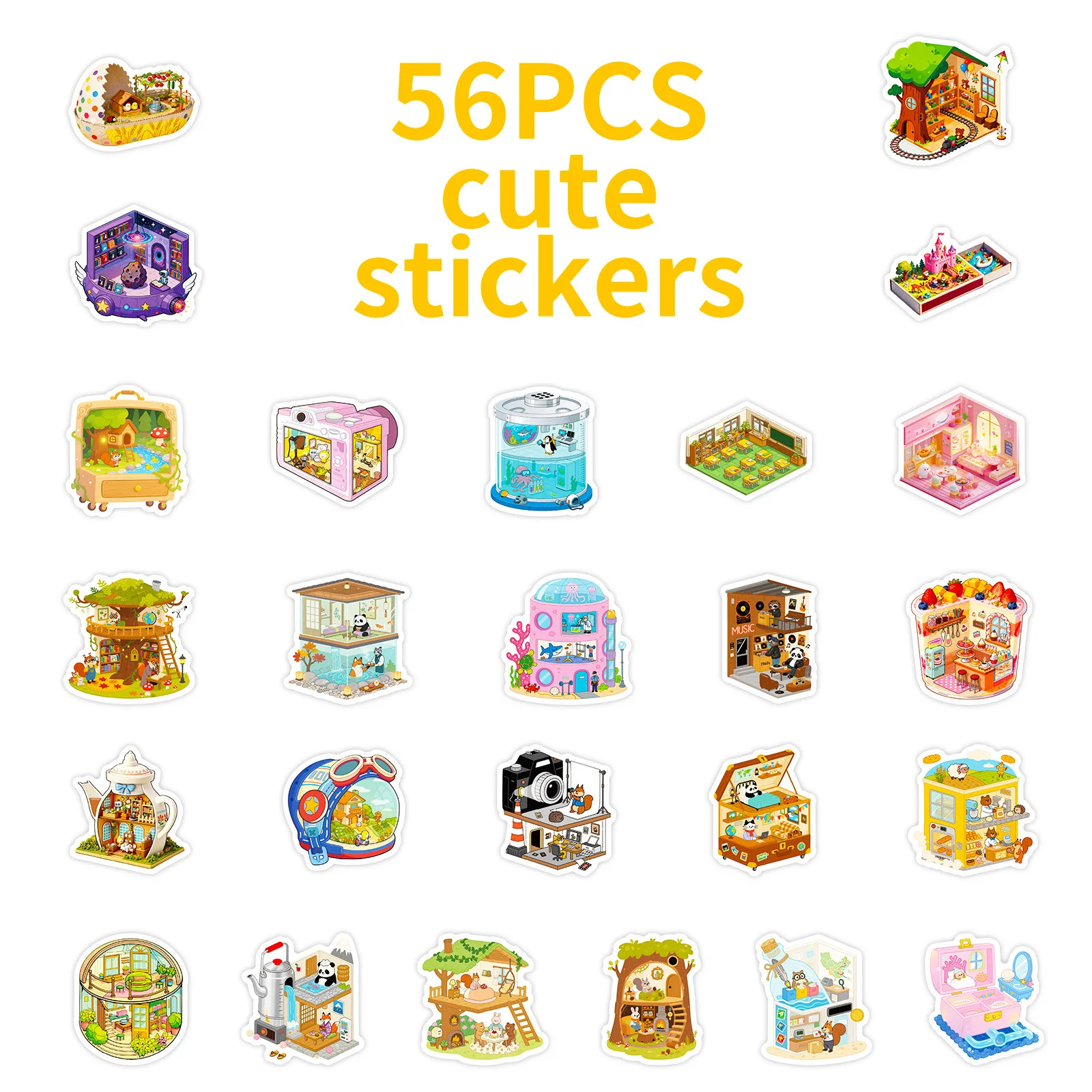 56/112 autocollants décoratifs 3D multi-thèmes de dessins animés, autocollants de scène 3D, papeterie, carnet, autocollants imperméables, récompenses