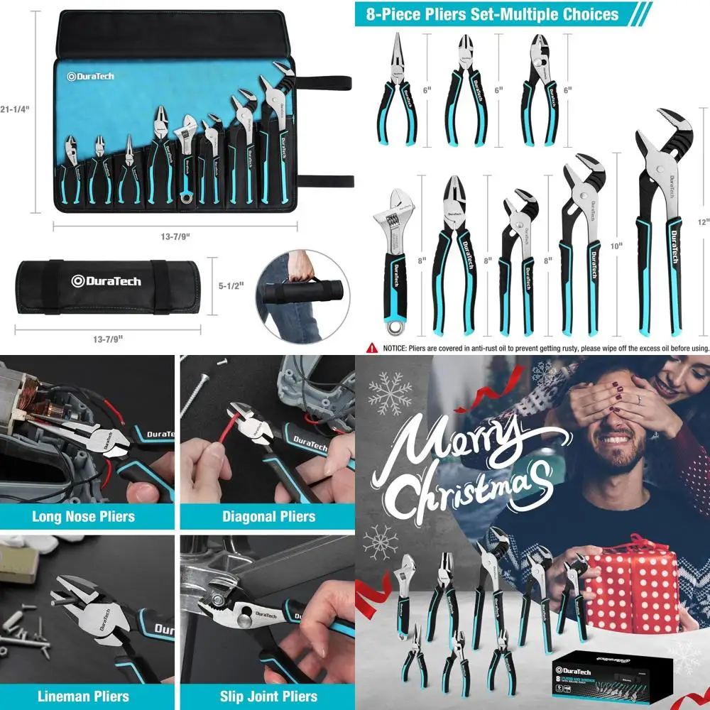 

8-Piece Pliers Set with Rolling Pouch, Premium Cr-V/Cr-Ni Construction, (12", 10", 8" Groove Joint Pliers, 8" Adjustable Wrench,