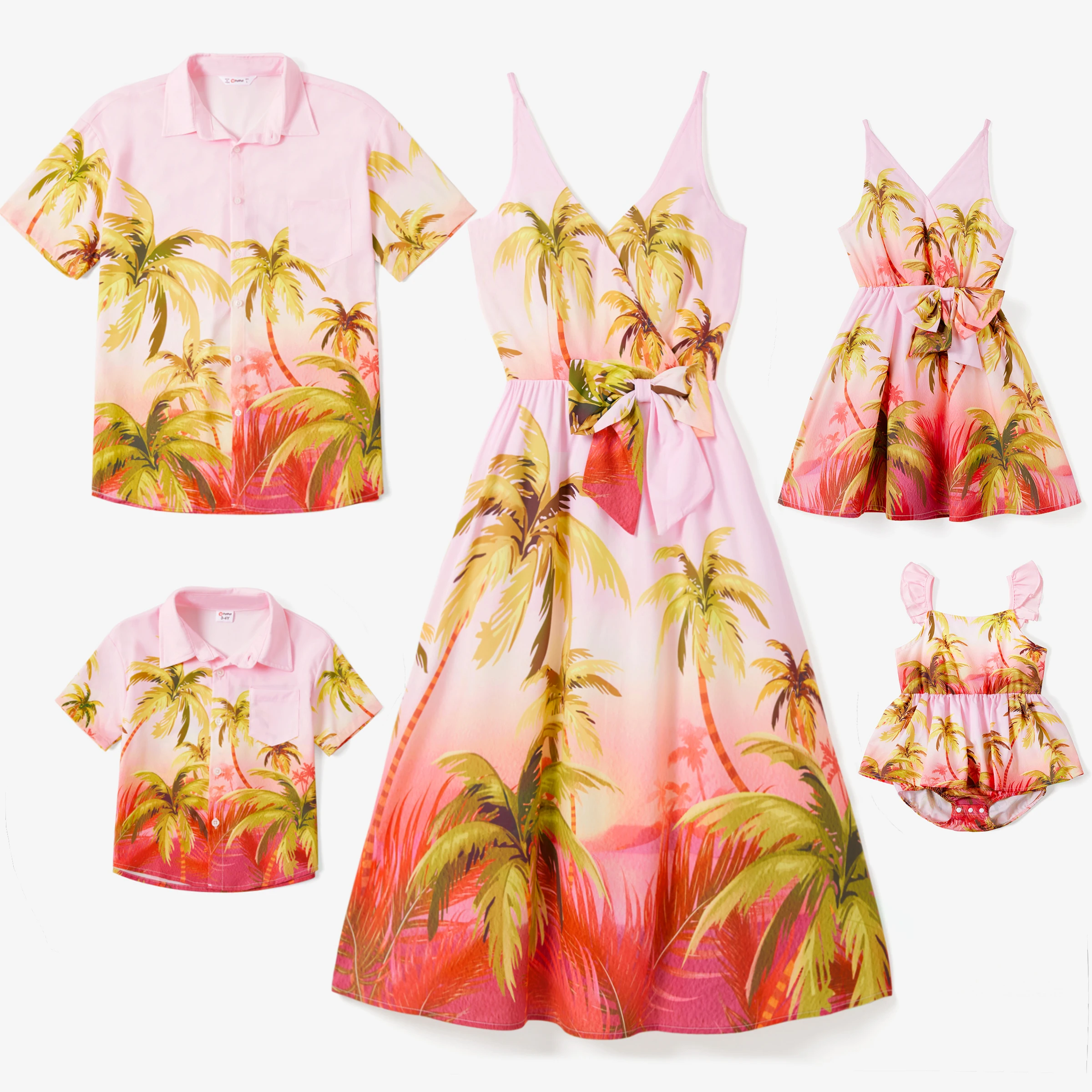 PatPat Family Matching Beach Shirt and Pink Tropical Plant Floral V Neck Bow Side Dress Sets