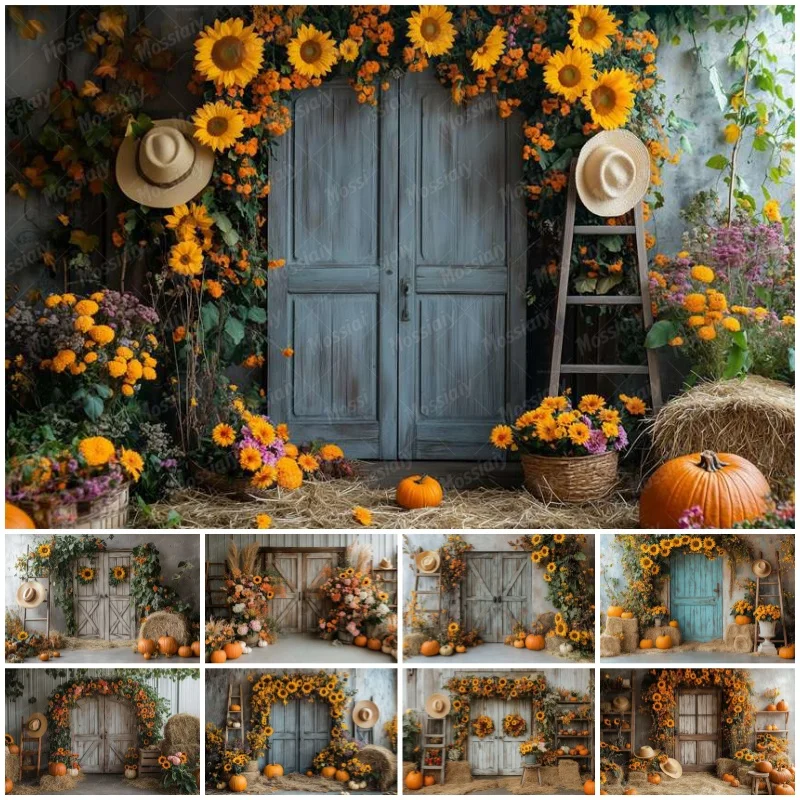 Autumn Pumpkin Maple Leaves Photography Background Fall Farm Barn Cabin Kids Birthday Portrait Decor Backdrop Photo Studio Props