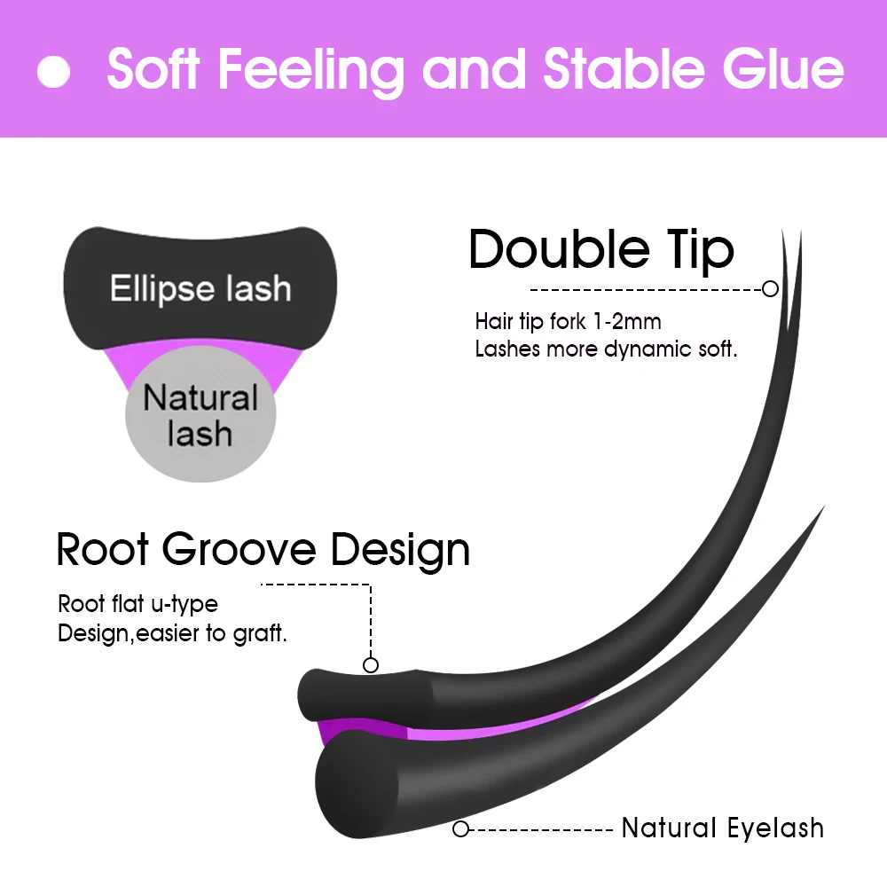 C/D Curl 0.15 0.20 0.25mm Fluffy Ellipse Flat Eyelash Extension Natural Soft Light Faux Mink Double Split Tips Shaped Lashes