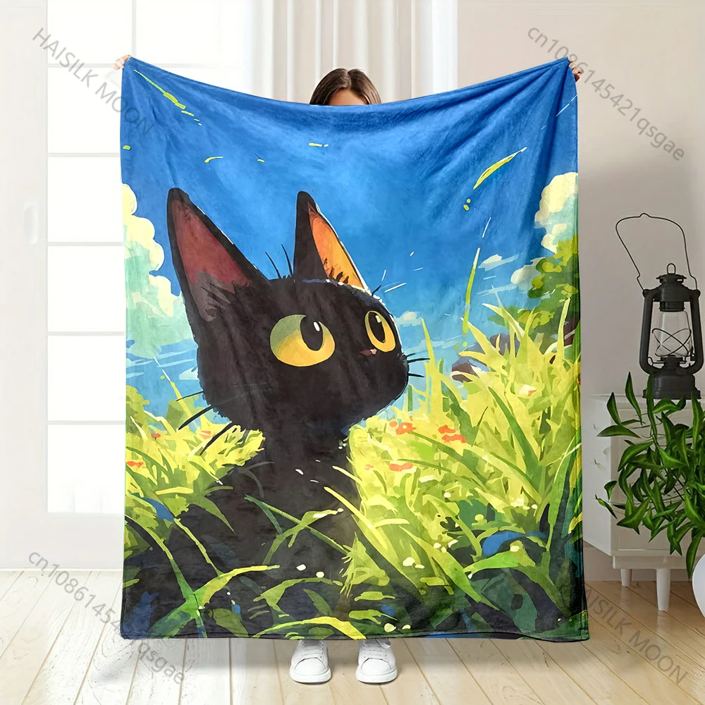 

Black cat meadow gazing blue sky sunlight Print Blanket Warm Soft Fluffy Kids Adult Sofa Bed Throw Outdoor Travel Camping RV