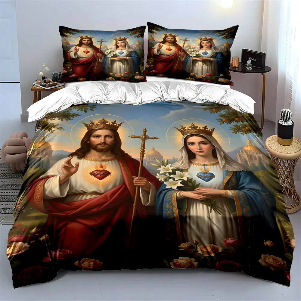 Themes of the Sacred Heart of Jesus and the Immaculate Heart of Mary Print Bedding Set 1 Duvet Cover 2 Pillowcases for gifts