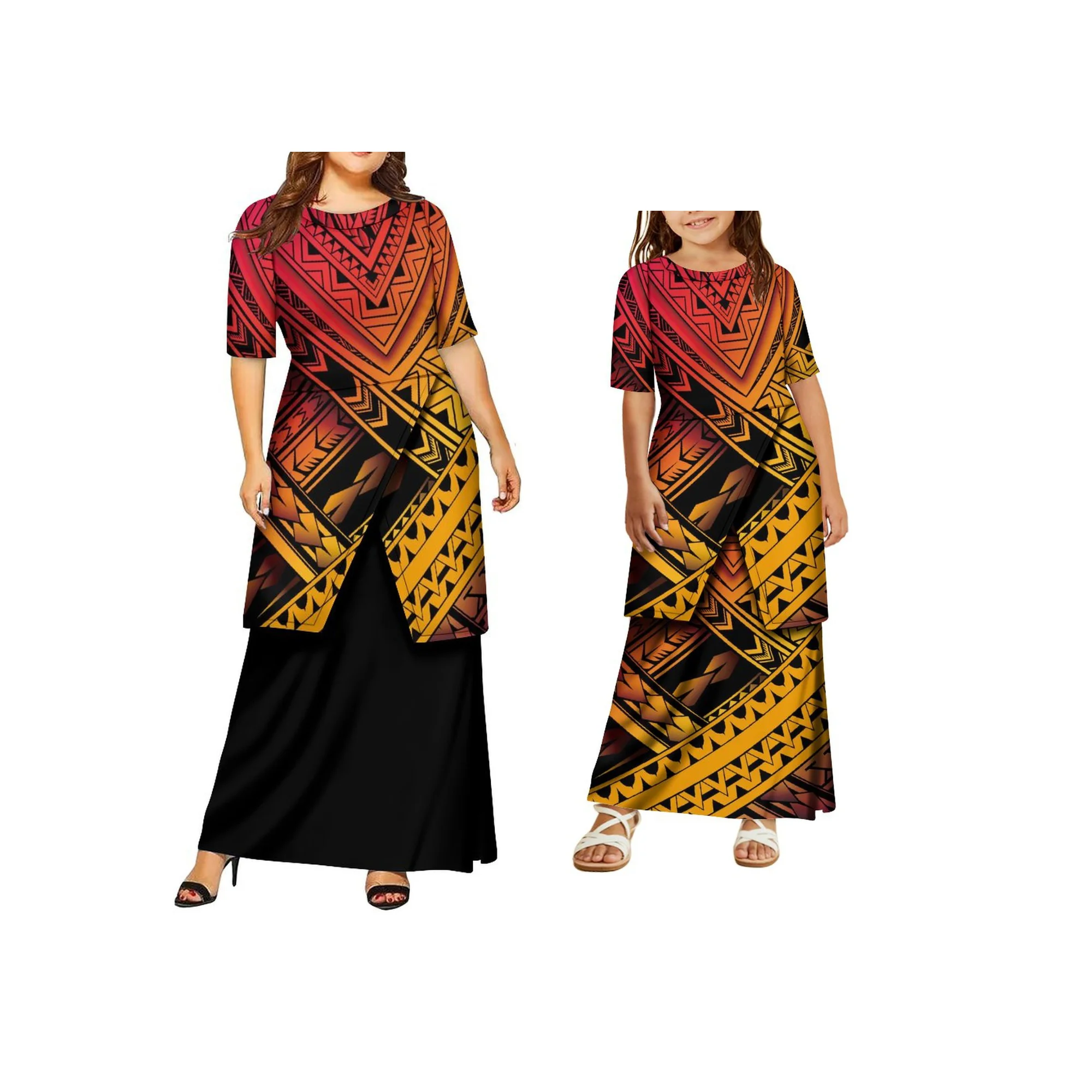 2025 حار بيع بولينيزيا القبلية Puletasi ساموا مجموعة فستان مخصص قطعتين مجموعات الأم وابنتها فستان كاجوال