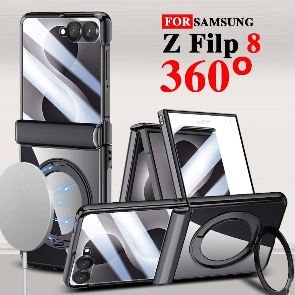Luxury Holder Clear Case For Samsung Z Flip 8 Magnetic Glass film Protection Anti-fingerprint Hard Plating Stand Back Cover
