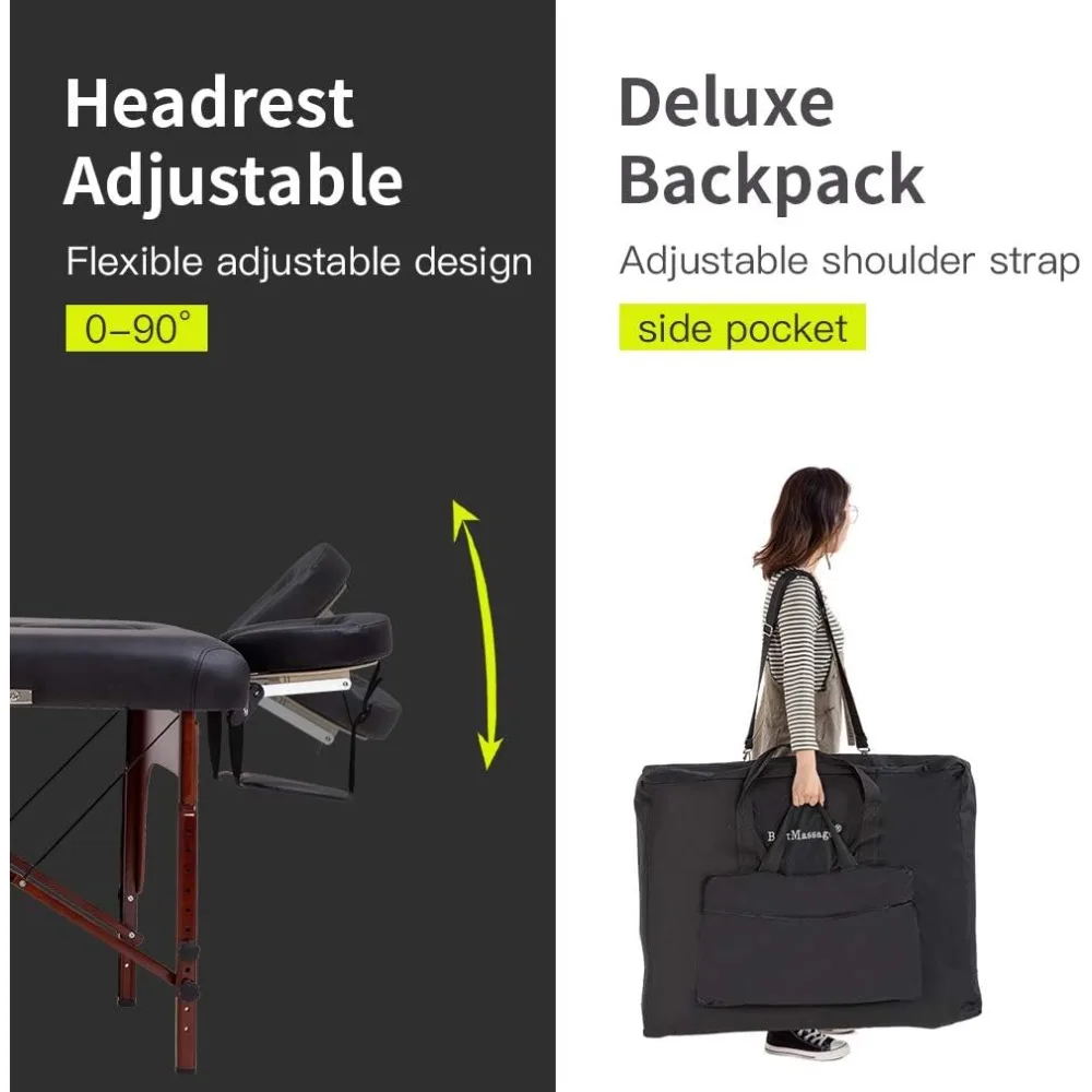 طاولة تدليك محمولة لصالونات السبا - سرير بارتفاع قابل للتعديل قابل للطي مع حقيبة حمل من جلد البولي يوريثان وحقيبة حمل أكسفورد