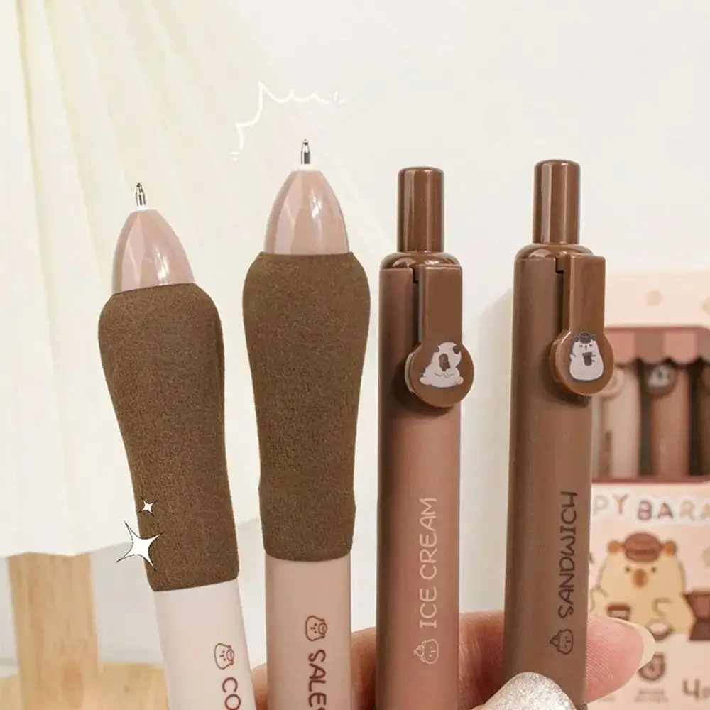 4pcs/set 0.5mm Capybara Gel Pen Black Ink ST Pen Tip Cute Pnada Gel Pen Sweat-proof Soft Sponge Grip Strawberry Roll Cake Pen