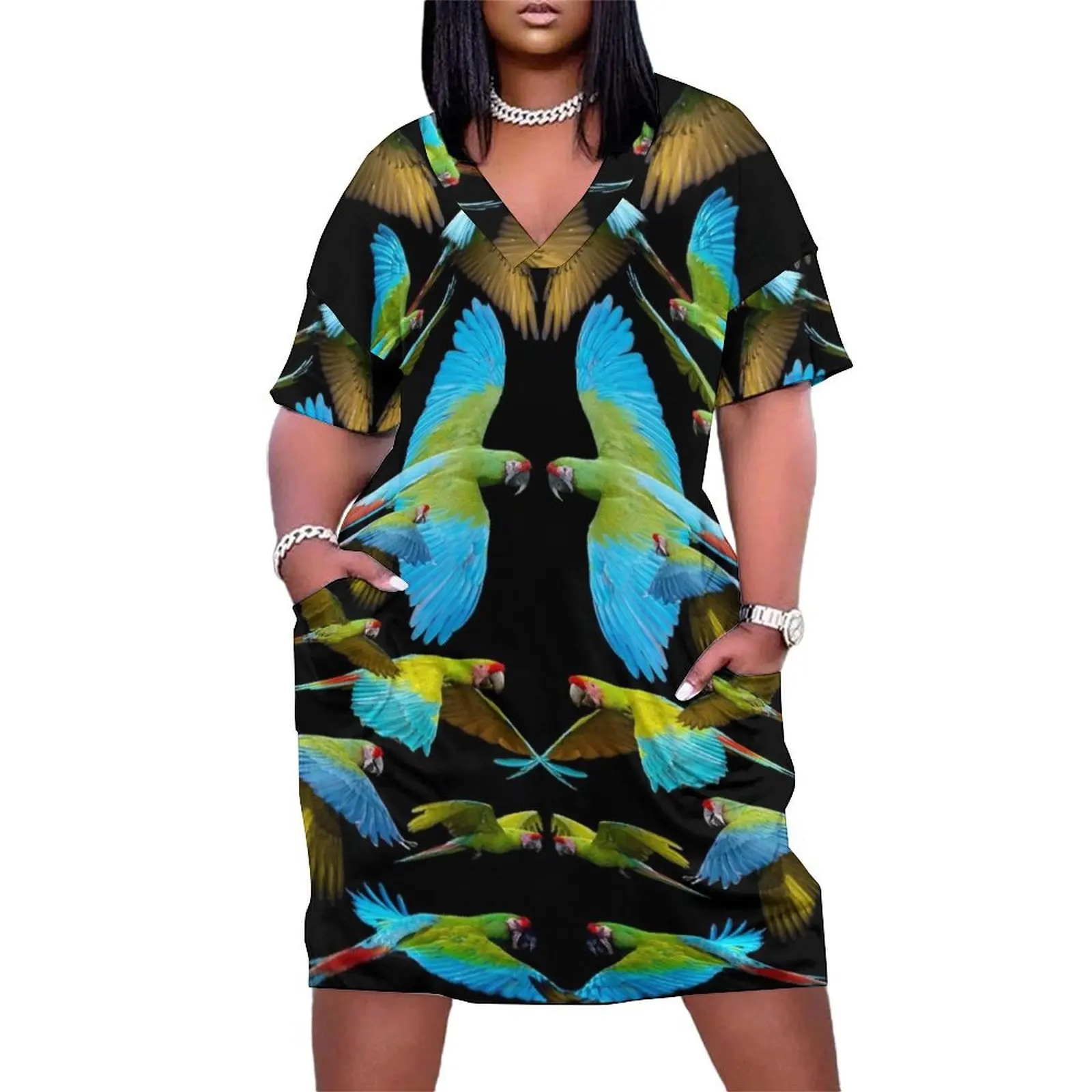 

Flock of The Great Green & Military Macaws (Green & Blue) Loose Pocket Dress party dresses woman dresses korean style