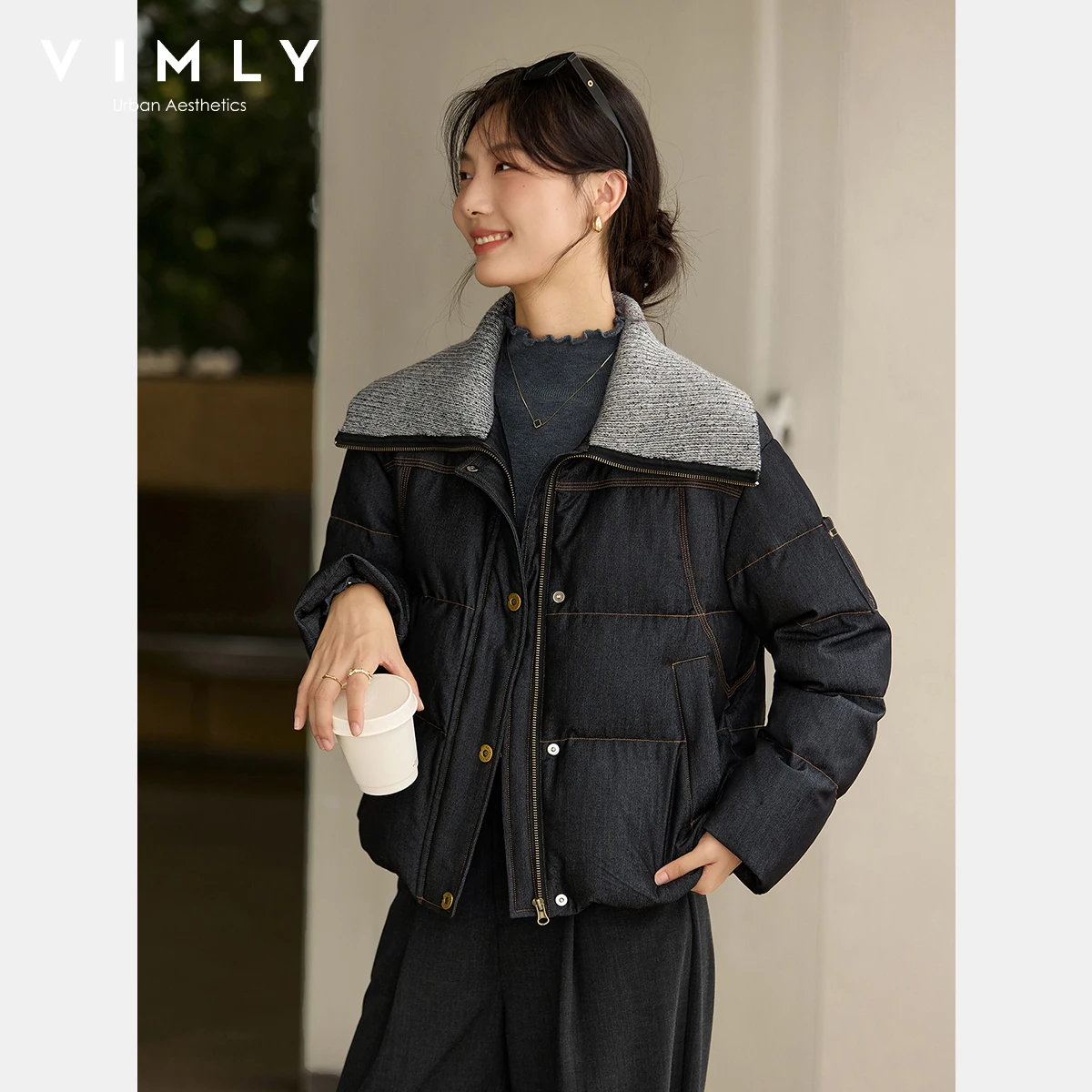 VIMLY Schwarze übergroße Daunenmäntel für Damen, 2025, Winter, Kontrastfarbe, Umlegekragen, Pufferjacken, Reißverschlussmantel für Damen 50863