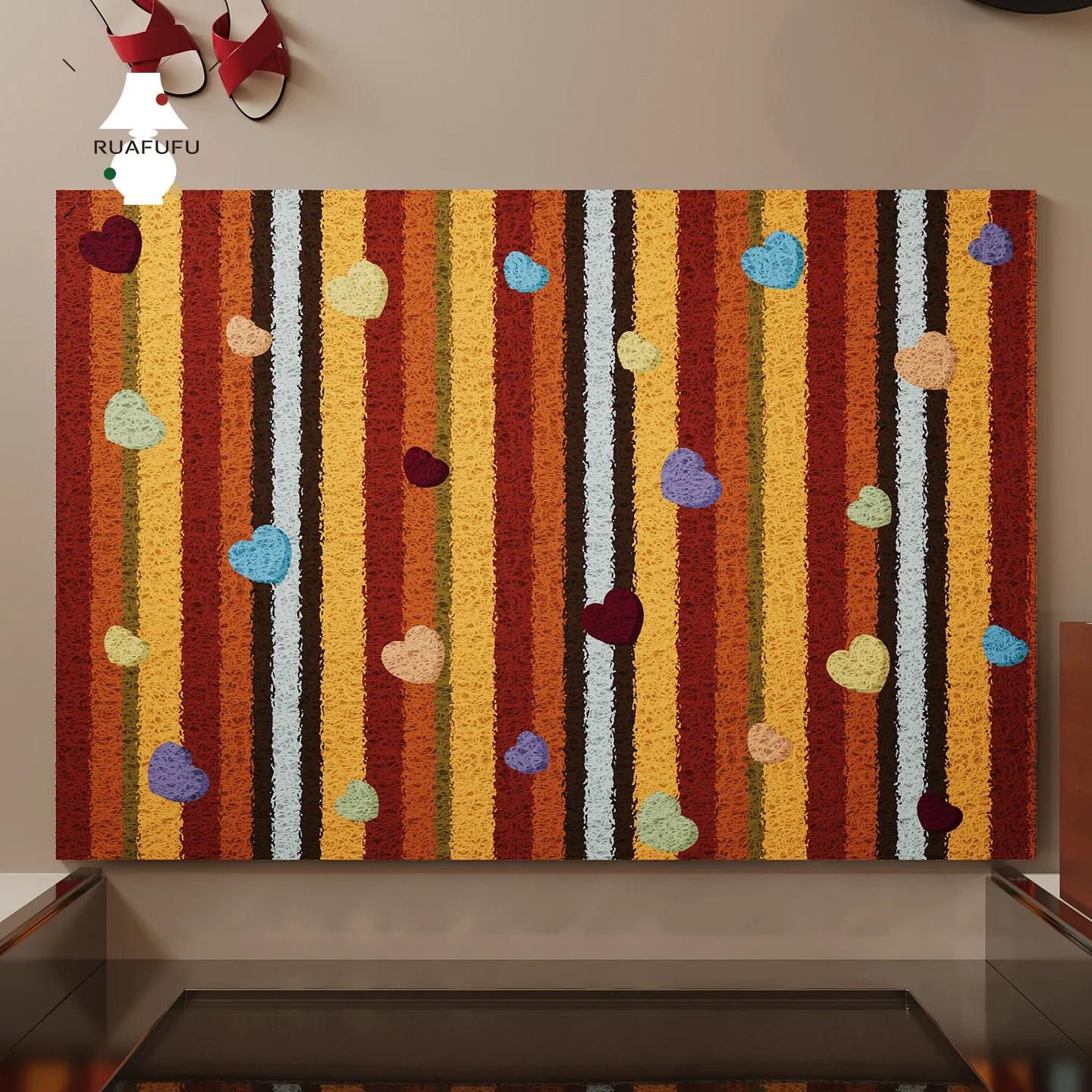 Aesthetic Vintage Vertical Stripe Doormat PVC Silk Loop Non-Slip Welcome Rug Cute Bohemian Pattern Dirt Trapper Mat for Entryway